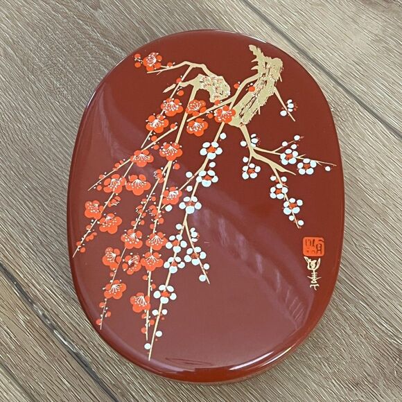 Vtg Japanese Bento Box Serving Box Ume Design Lacquerware 7x5x2" Cherry Blossom - Picture 3 of 7